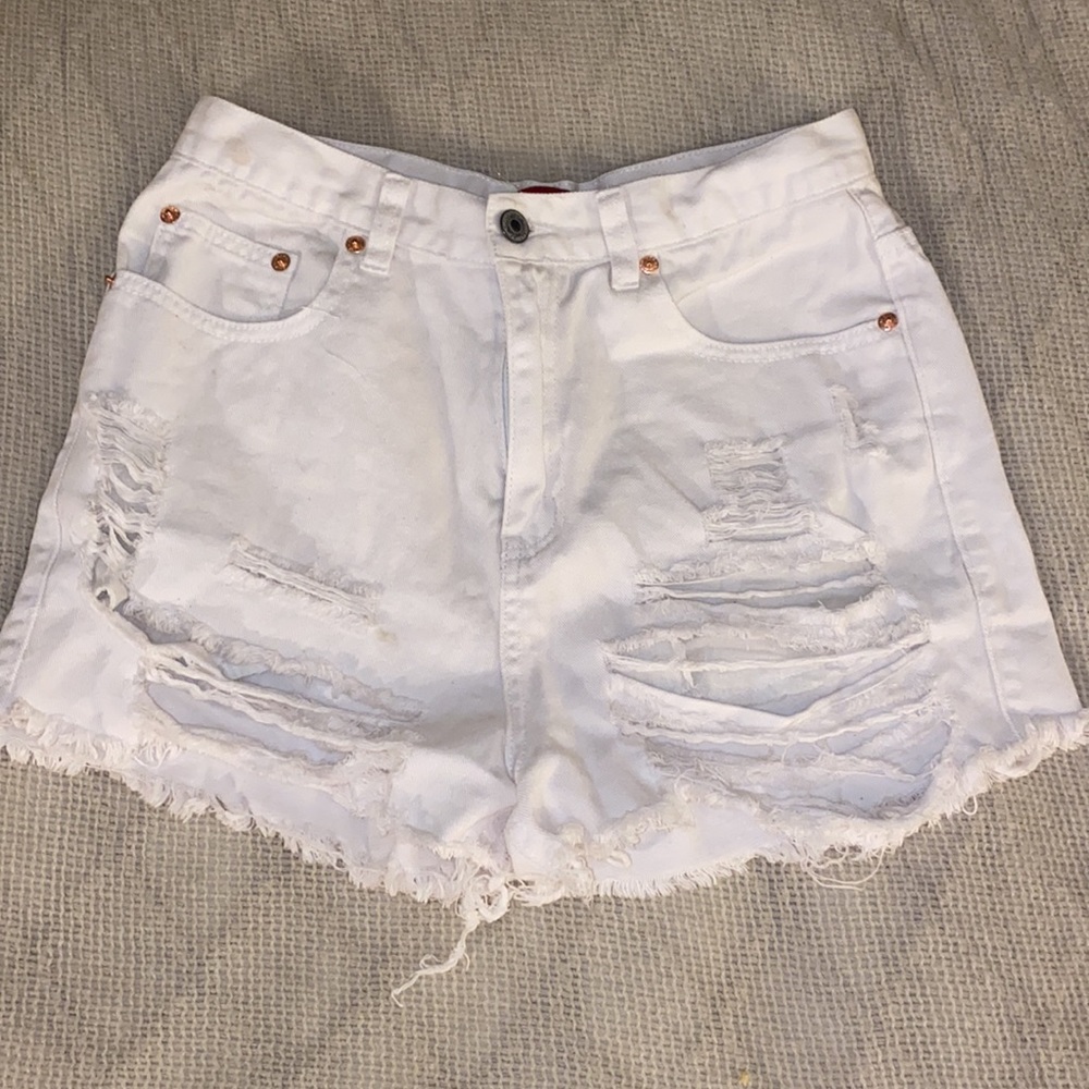 White Ripped Denim Shorts - L